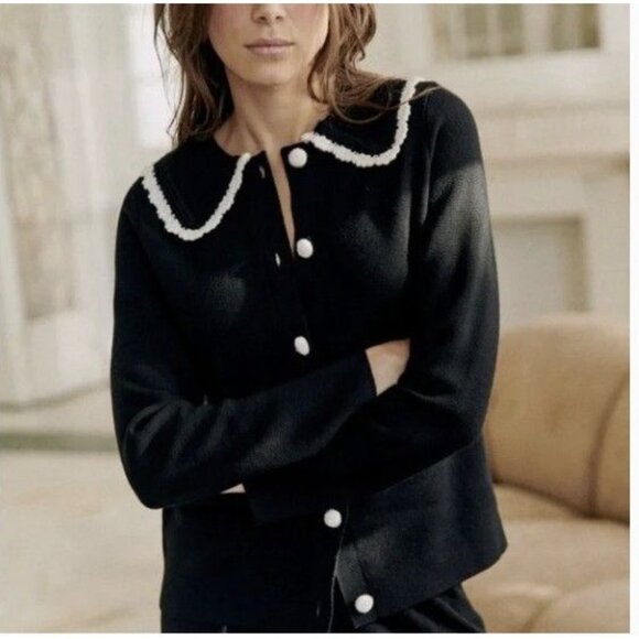 Sezane Sweaters - Sezane Black Cardigan with White Accents Ruffled Collar